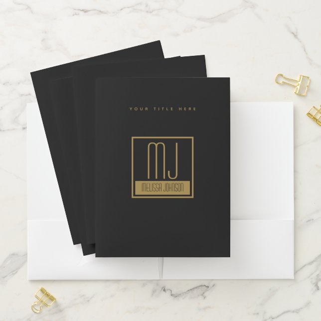 Modern Black & Gold Initial Monogram Pocket Folder (In Situ)