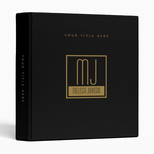 Modern Black Gold Initial Monogram Recipe Cookbook 3 Ring Binder (Front/Spine)