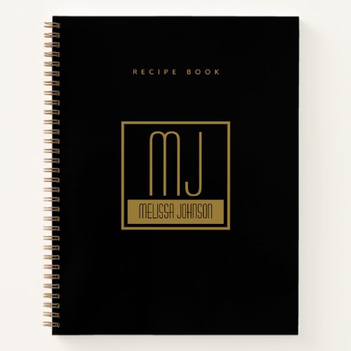 Modern Black Gold Initial Monogram Recipe Cookbook Notebook