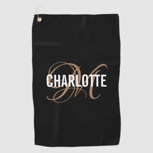 Modern black gold initial name golf towel