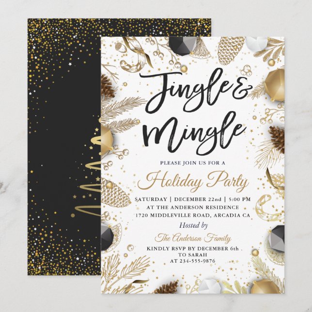 Modern Black Gold Jingle and Mingle Holiday Party Invitation (Front/Back)