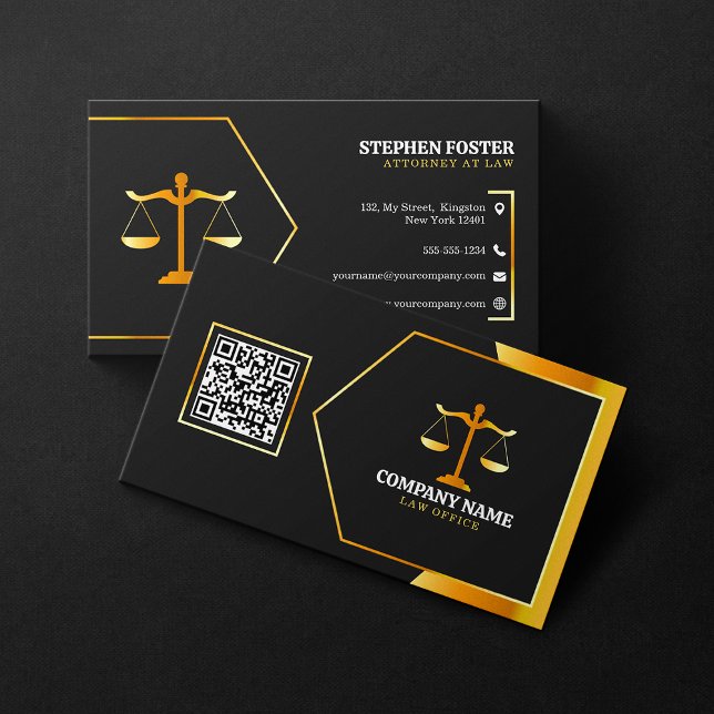 Modern Black, Gold Law Office Justice Scale Lawyer Business Card (Creator Uploaded)