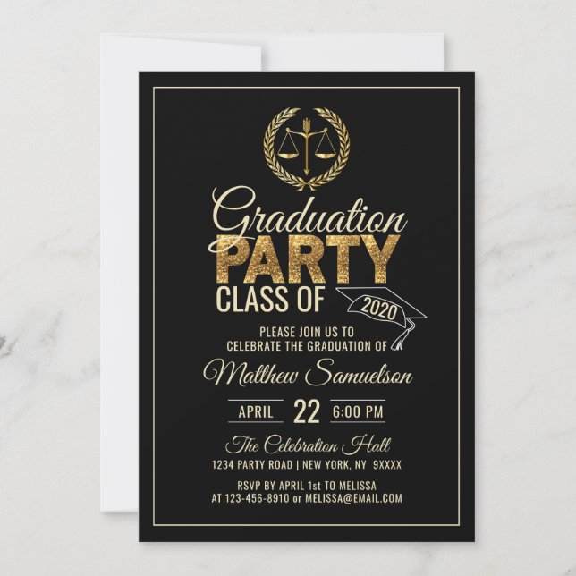 Modern Black Gold Law School GRADUATION Party Invitation (Front)