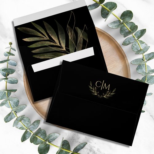Modern Black Gold Leaf Wedding Monogram Envelope