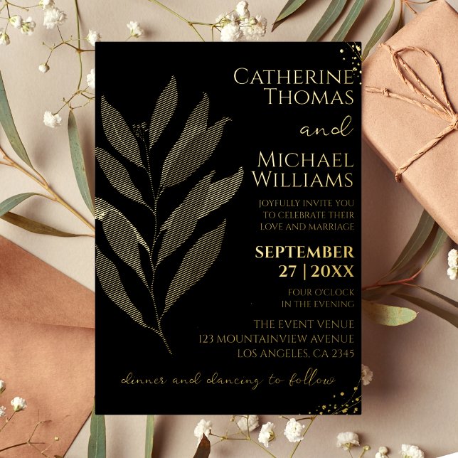 Modern Black Gold Leaf Wedding Monogram Foil Invitation (Creator Uploaded)