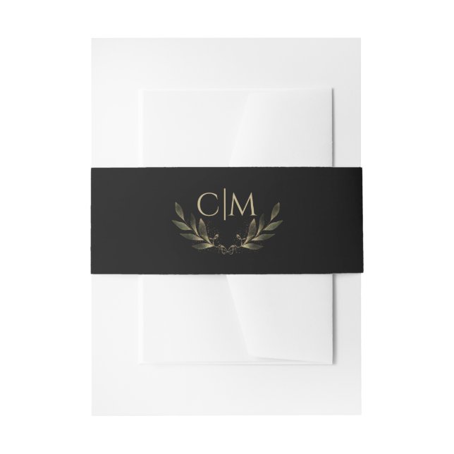 Modern Black Gold Leaf Wedding Monogram Invitation Belly Band (Front Example)