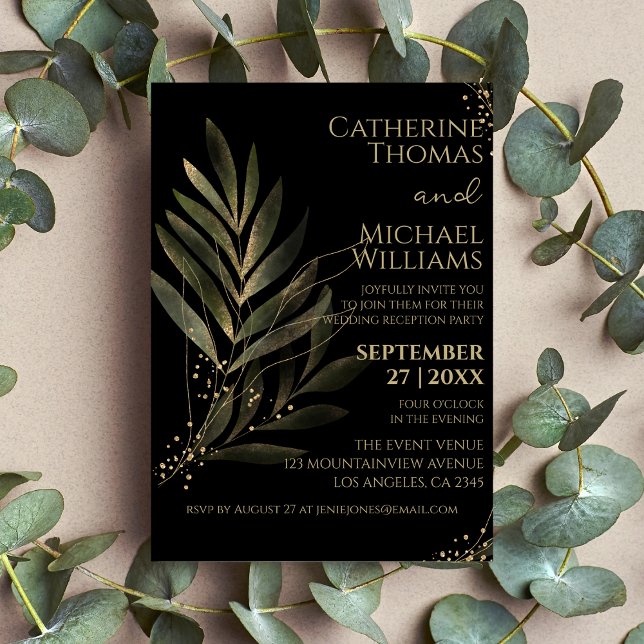 Modern Black Gold Leaf Wedding Reception Party Invitation (Creator Uploaded)