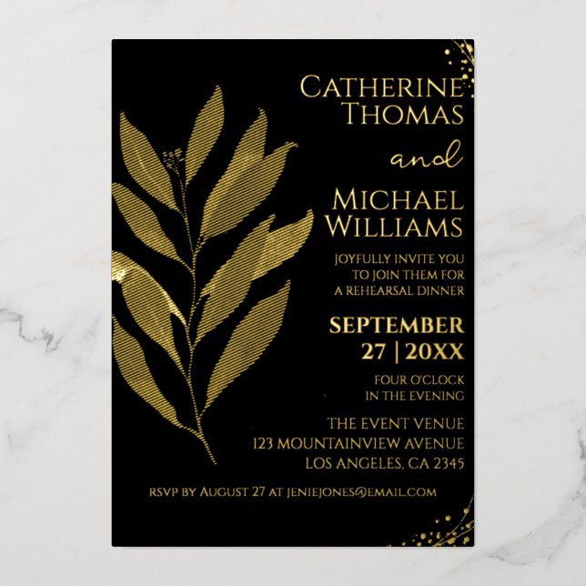 Modern Black Gold Leaf Wedding Rehearsal Dinner Foil Invitation (Front)