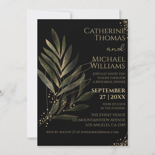 Modern Black Gold Leaf Wedding Rehearsal Dinner Invitation (Front)