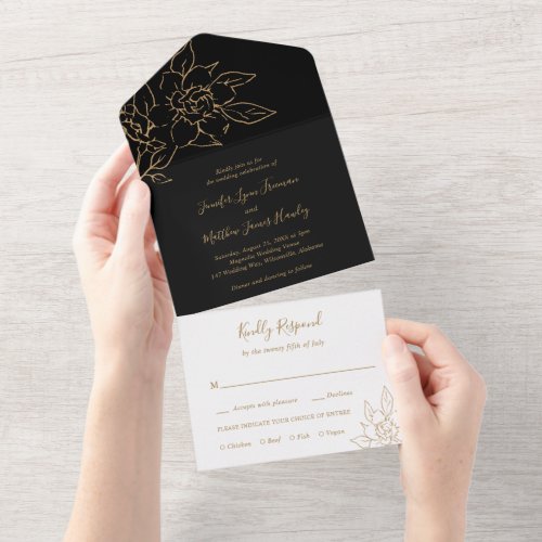 Modern Black Gold Line Art Floral Elegant Wedding All In One Invitation