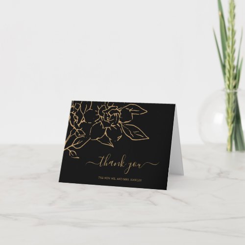 Modern Black Gold Line Art Floral Elegant Wedding Thank You Card