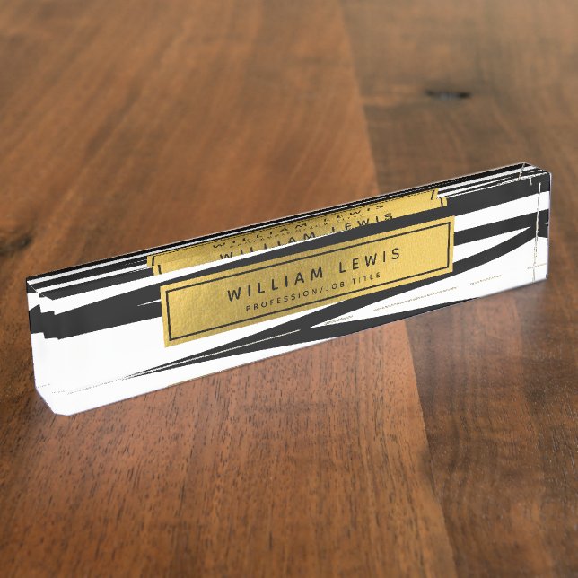 Modern Black & Gold Lines Abstract Business Office Desk Name Plate (Side)