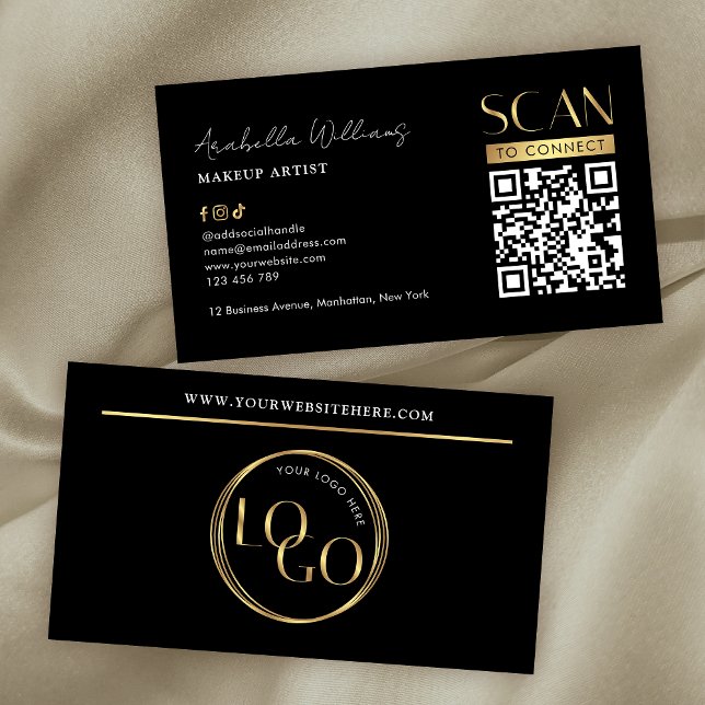Modern Black Gold Logo Makeup Beauty Salon QR Code Business Card (Black and gold modern QR code business cards with faux gold foil effects and modern layout)