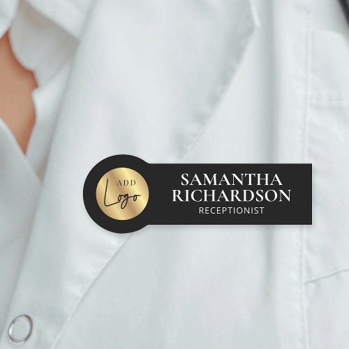 Modern Black  Gold Logo Shop Salon Employee Name Tag