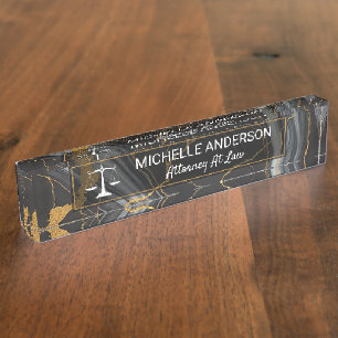 Modern Black Gold Luxury Marble Lawyer Attorney Desk Name Plate
