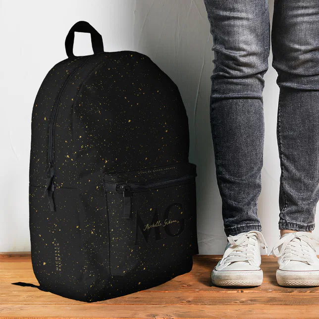 Modern Black Gold Luxury Monogram Minimalist Printed Backpack | Zazzle