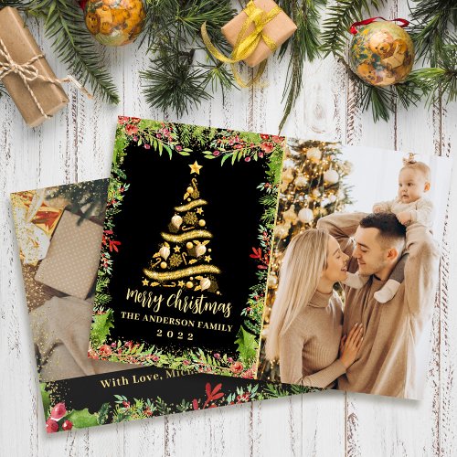 Modern Black Gold Magical Christmas Tree 2 Photo  Holiday Card