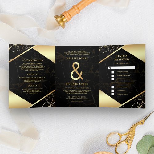 Modern Black Gold Marble Ampersand Wedding Tri_Fold Invitation