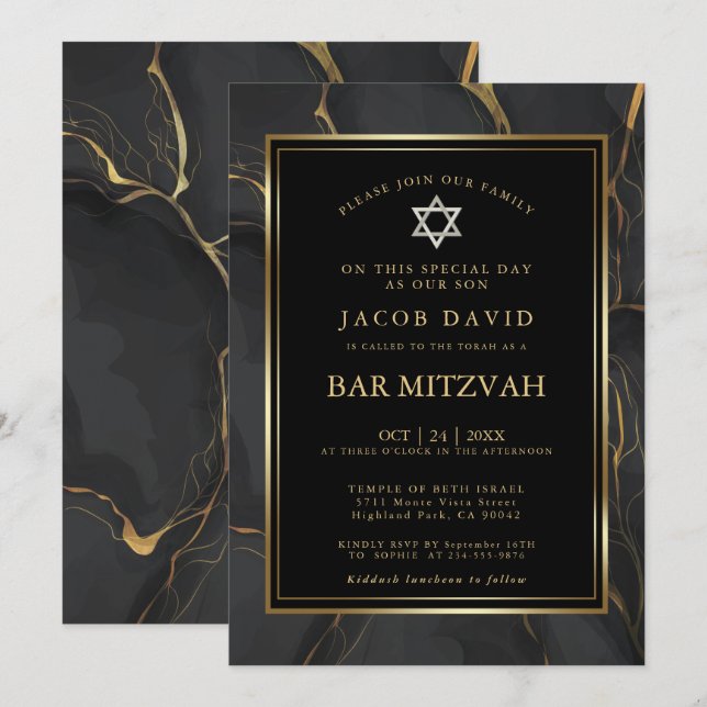 Modern Black Gold Marble Bar Mitzvah Invitation (Front/Back)