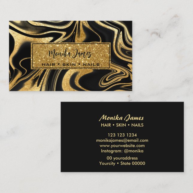 Modern Black Gold Marble Glitter Gold Beauty Salon Business Card (Front/Back)