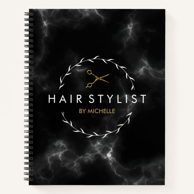 Modern black Gold Marble Hairstylist  Notebook (Front)