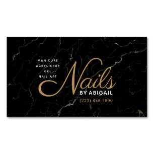 Modern Black & Gold Marble Nails By "Name" Busines Business Card Magnet
