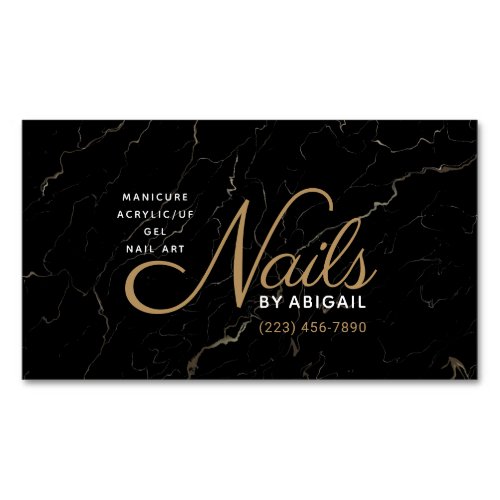 Modern Black  Gold Marble Nails By Name Busines Business Card Magnet