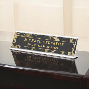 Modern Black Gold Marble Stone Custom Minimalist Desk Name Plate