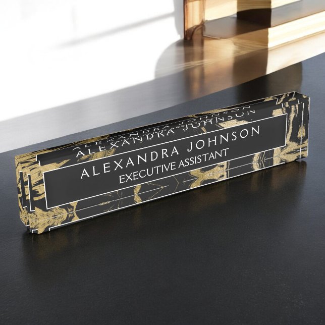 Modern Black Gold Marble Stone Custom Minimalist Desk Name Plate (Creator Uploaded)