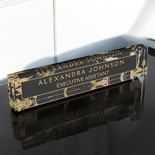 Modern Black Gold Marble Stone Custom Minimalist Desk Name Plate