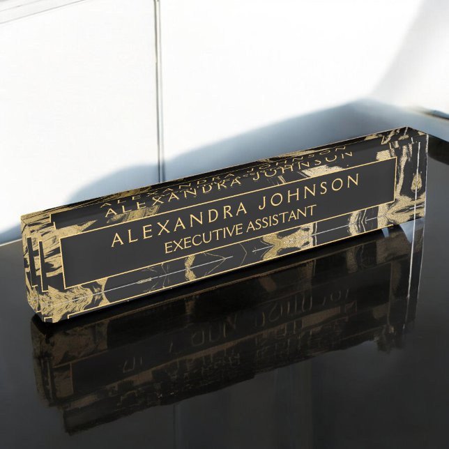 Modern Black Gold Marble Stone Custom Minimalist Desk Name Plate (Creator Uploaded)