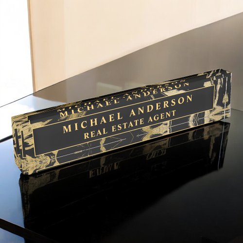 Modern Black Gold Marble Stone Custom Minimalist Desk Name Plate