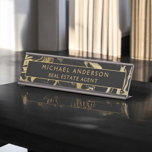 Modern Black Gold Marble Stone Custom Minimalist Desk Name Plate