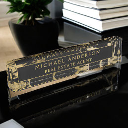 Modern Black Gold Marble Stone Custom Minimalist Desk Name Plate