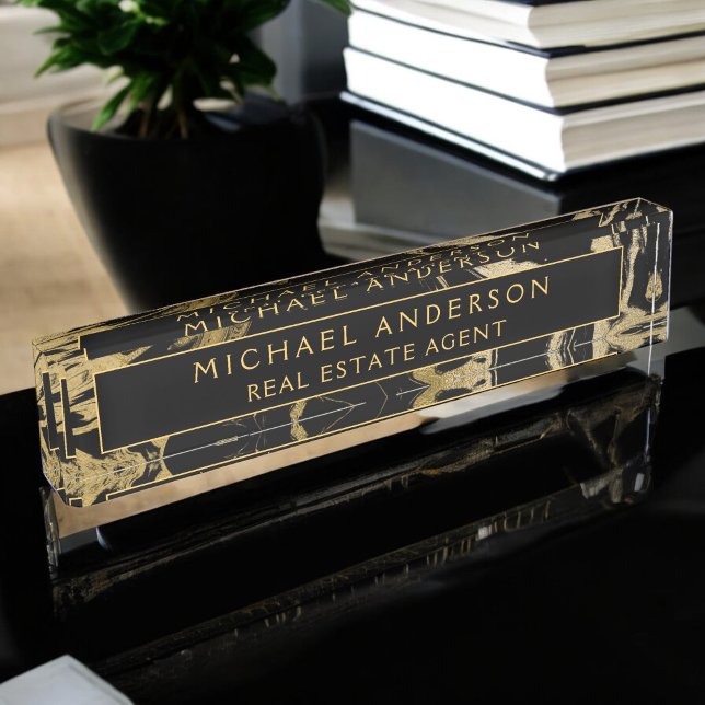 Modern Black Gold Marble Stone Custom Minimalist Desk Name Plate (Creator Uploaded)