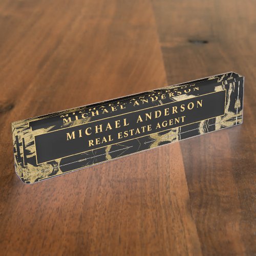 Modern Black Gold Marble Stone Custom Minimalist Desk Name Plate