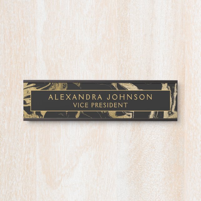 Modern Black Gold Marble Stone Custom Minimalist Door Sign (Front)