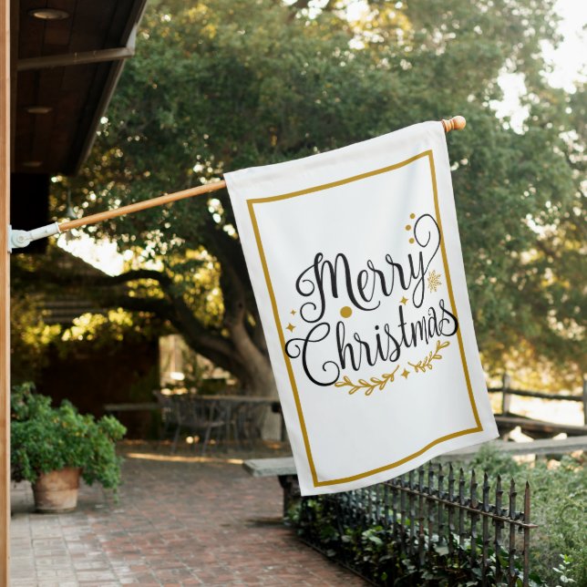 Modern Black & Gold Merry Christmas House Flag (In SItu)