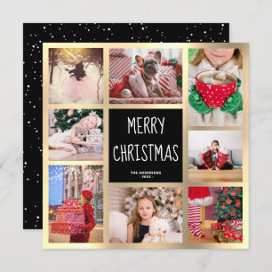 Modern Black & Gold Merry Christmas Photo Collage Holiday Card