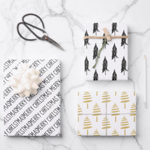 Modern Black & Gold Merry Christmas Trees Wrapping Paper Sheets