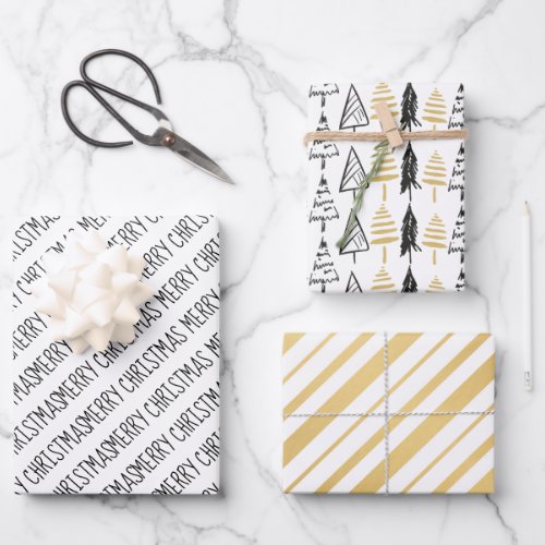 Modern Black  Gold Merry Christmas Trees Wrapping Paper Sheets