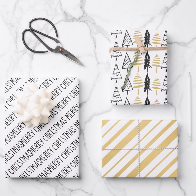 Modern Black & Gold Merry Christmas Trees Wrapping Paper Sheets (Front)