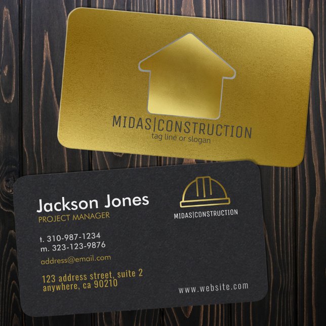 Modern Black + Gold Minimal Construction Hard Hat Business Card (Creator Uploaded)