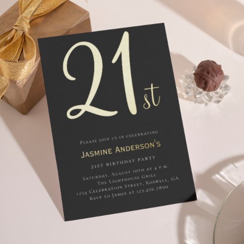 Modern black gold minimal stylish 21st birthday  foil invitation
