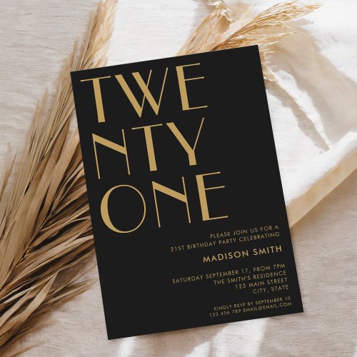 Modern Black Gold Minimalist Chic 21st Birthday Invitation