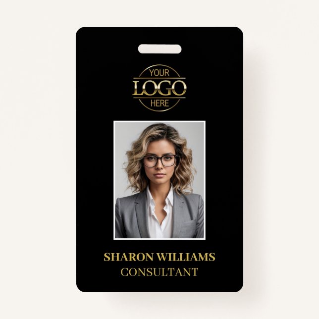 Modern Black Gold Minimalist Employee Photo ID Badge (Front)