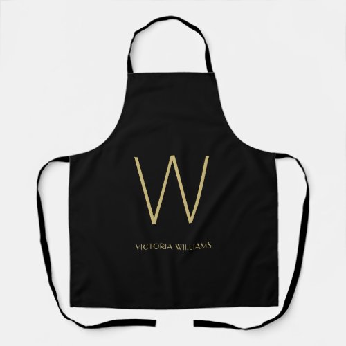 Modern black gold minimalist monogram name apron