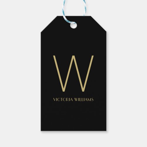 Modern black gold minimalist monogram name gift tags