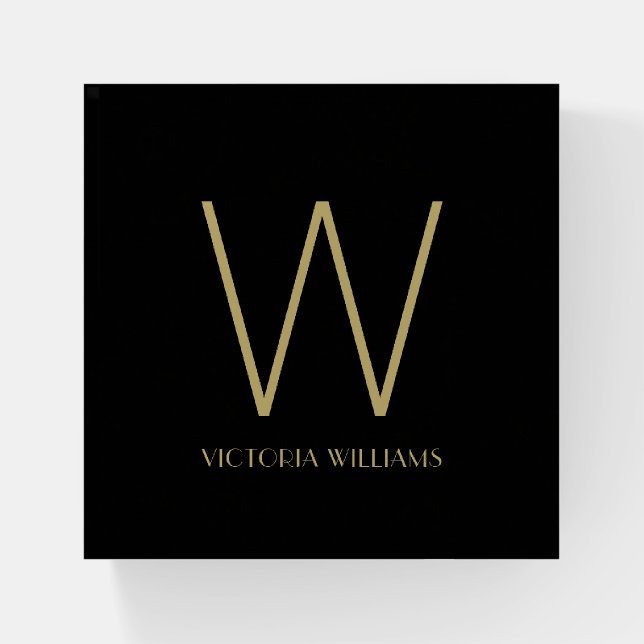 Modern black gold minimalist monogram name paperweight (Front)