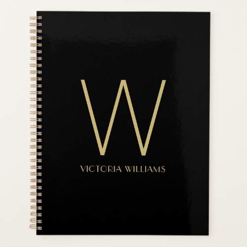 Modern black gold minimalist monogram name planner